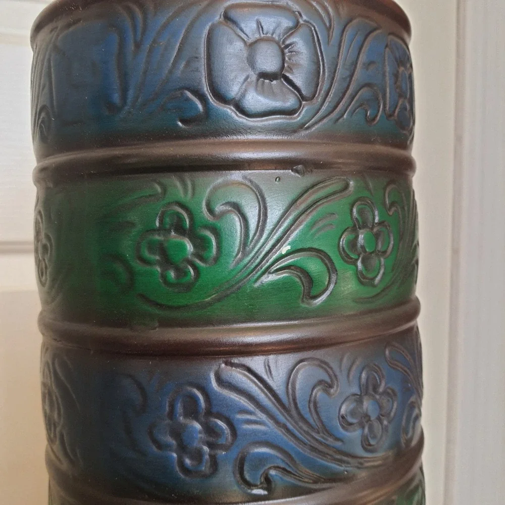 Vintage Embossed Ceramic Lamp Base – Blue & Green Floral Bands – Mid-Century
